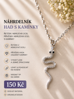 Náhrdelník Had – nerezová ocel se třpytivými kamínky