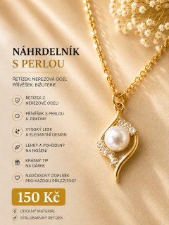 Náhrdelník s perlou a třpytivými kamínky – barva zlatý